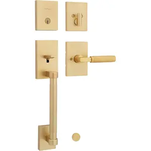 Front Door Lock Handle and Deadbolt Set, Entry Handleset Exterior with Interior Reversible Lever, Satin Brass, Pick Resistant SmartKey Rekey Deadbolt Security, with Microban Protection