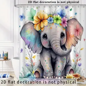 2D Flat 1pc 70.9x70.9 Inch  Animal Style Shower Curtain with Cute Little Elephant Design, Suitable for Home Bathrooms and Cottage Camping, Includes 12 Rings