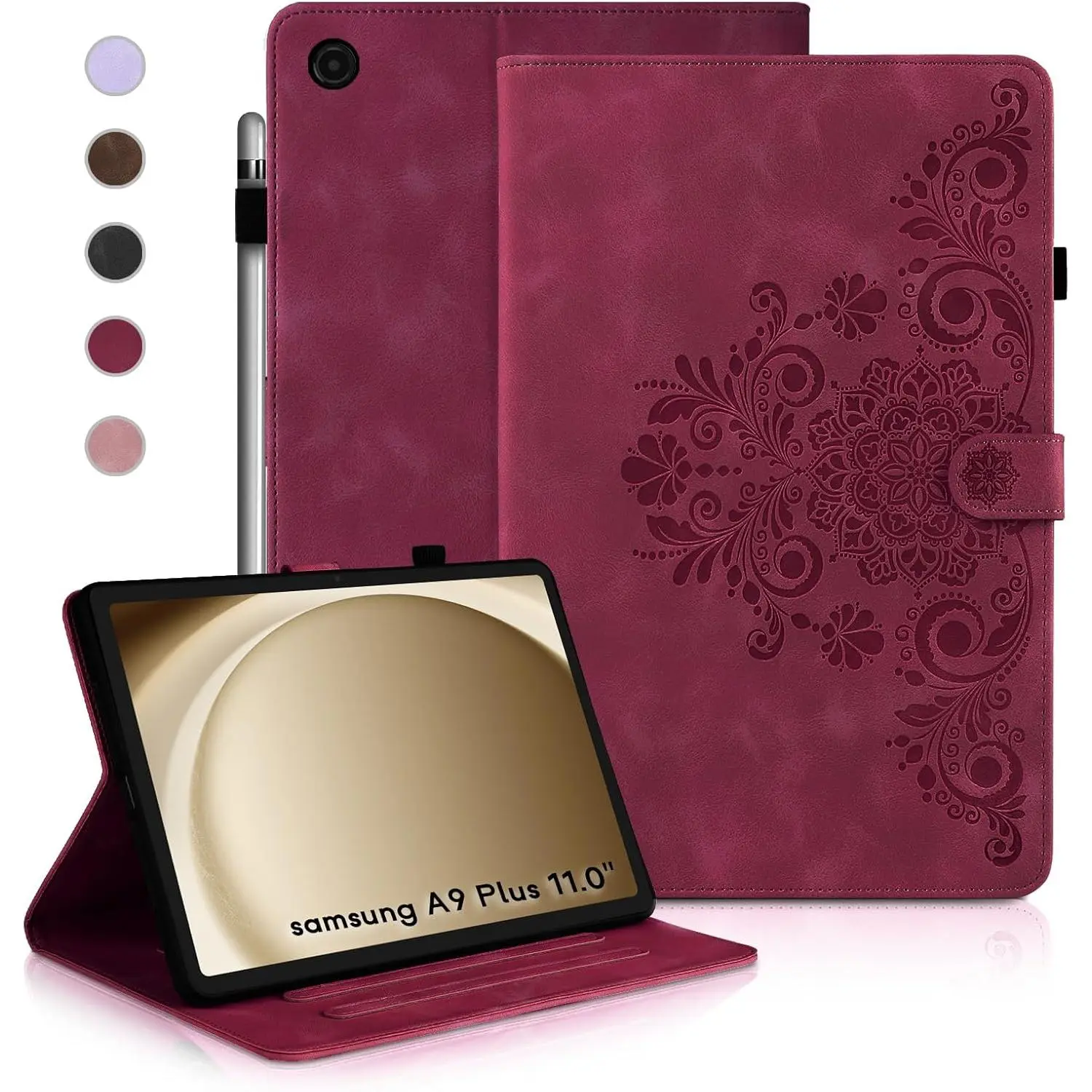 Case for Galaxy Tab A9+ Case 11 Inch, Retro  Galaxy Tab A9 Plus Cover SM-X210/215 with Carved Flap,  Buckles Design, Stand Function  Red