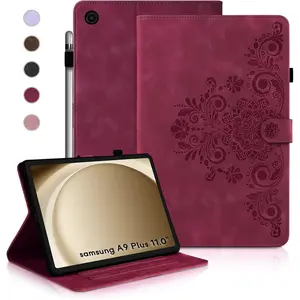 Case for Galaxy Tab A9+ Case 11 Inch, Retro  Galaxy Tab A9 Plus Cover SM-X210/215 with Carved Flap,  Buckles Design, Stand Function  Red