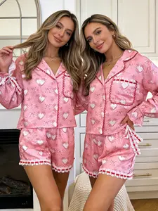 Women's Soft Long-Sleeve Heart Print Pajama Set - Blush Pink Nightwear, Ideal for Easter, Mother's Day Gifting
