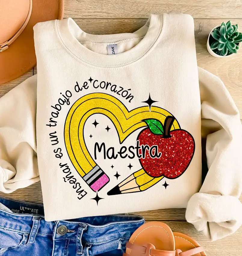 Spanish Teacher Rainbow Pencil Shirt, Teach Love Inspire Shirt, Teacher Appreciation, Faux Sequins Teacher Sparkly, Maestra shirt