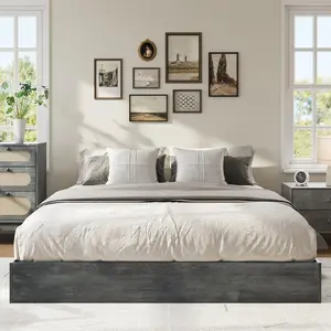 Charcoal Grey Platform Bed Frame Full Size,Wooden Slat Support,No Box Spring Needed, Easy Assembly