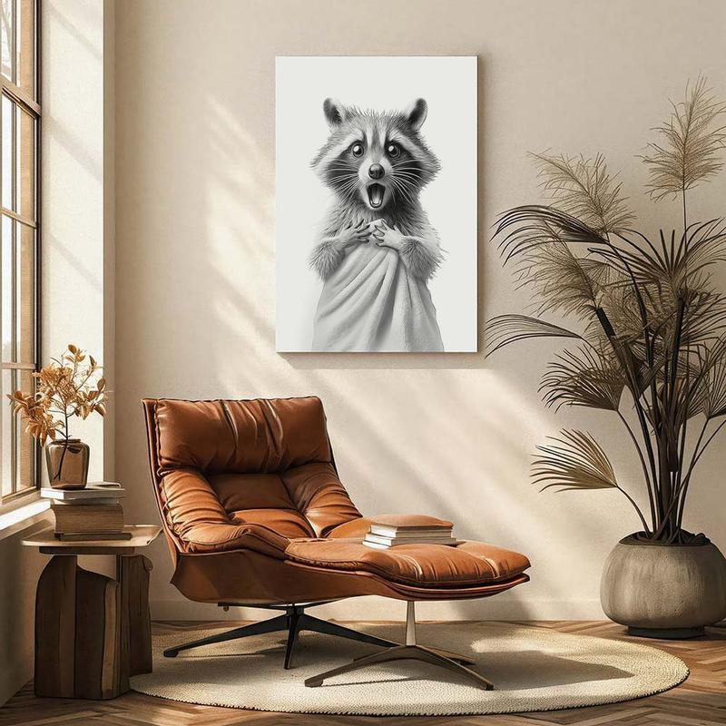 Framed Wall Art with Raccoon in Towel, 12x16in Funny Animal Bathroom Canvas Print, Black and White Raccoon Poster, Cute Raccoon Picture Wall Decor for Bathroom, Kids' Room, Bedroom, Nursery, Home