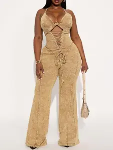Level You Up Washed Denim Jumpsuit - Tan