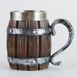 1 Piece, 20oz Large Capacity Barrel Shaped Stainless Steel Water Cup, Resin Imitation Wooden Barrel Cup, Cold Drink Mug, Party Bar Cup, For Friends, Father's Birthday, Holiday. Drinkware Tumbler Reusable Washable