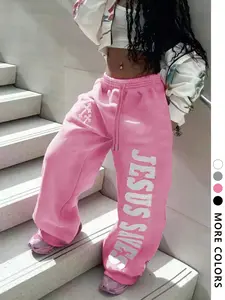 Women's Letter & Cross Pattern Wide Leg Pants, Rose Straight Tube Pants, Casual Street Style for Spring Autumn Winter