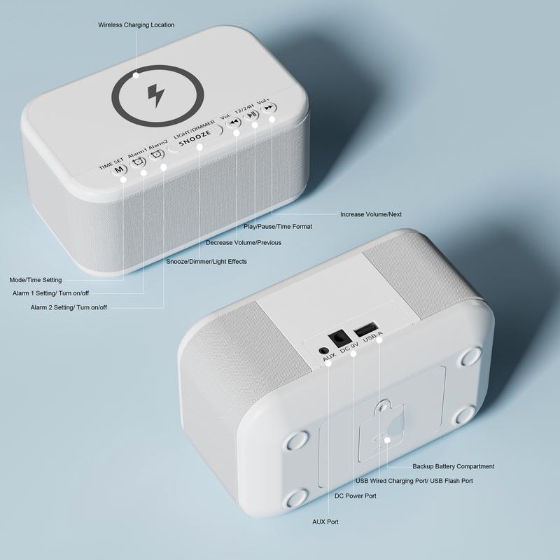 Fansbe Tech Alarm Clock Speaker Wireless Charger, Digital Alarm Clocks Bedrooms Bluetooth, Alarm Clock Dimmable Light Bedrooms Dual Alarm Snooze Dimmer 12 24H RGB Night Light Bluetooth USB AUX, Gray