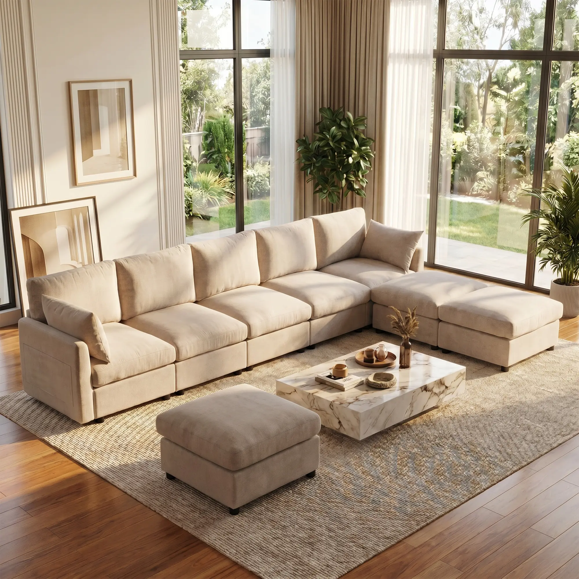 Tbfit 5-Seater Modular L-Shaped Cloud Couch - Chenille Deep-Seat Modern Indoor Living Room Furniture with 3 Movable Ottomans, Pocket Spring Lift Cushions, Cloud-Soft Foam, Modular Freedom, Sturdy Wood Frame, Lounge Sofa