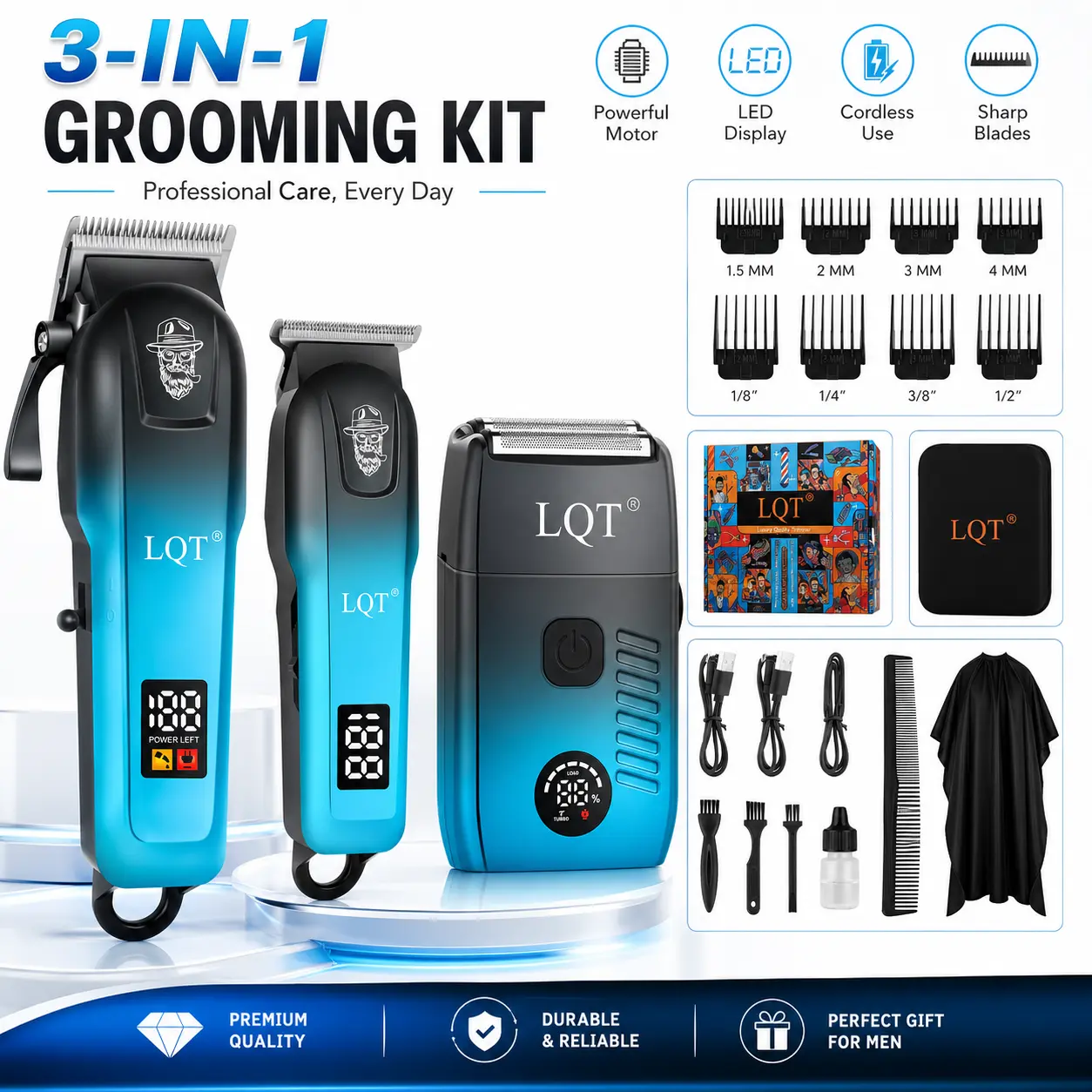 Professional Hair Clippers for Men, 3-in-1 Grooming Kit with Hair Trimmer & Foil Shaver, Cordless Rechargeable Barber Clippers Set with LED Display, Precision Blades, Adjustable Guide Combs for Home Salon Use