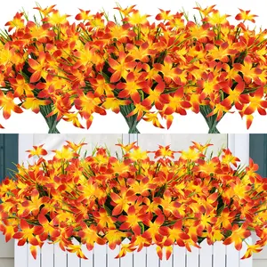 12 Pcs Artificial Fall Flowers for Outdoors, UV Resistant Plastic Silk Fake Orange Flowers Autumn Plants for Indoor Outside Garden Porch Window Box Pot Wedding Entryway Decor