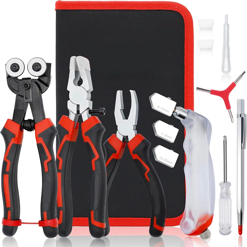 Glass Cutting Tool Kit with Glass Cutter, Tile Nippers, Glass Running Pliers, Breaker Grozer Pliers for Stained Glass Tiles Mosaic Cutting