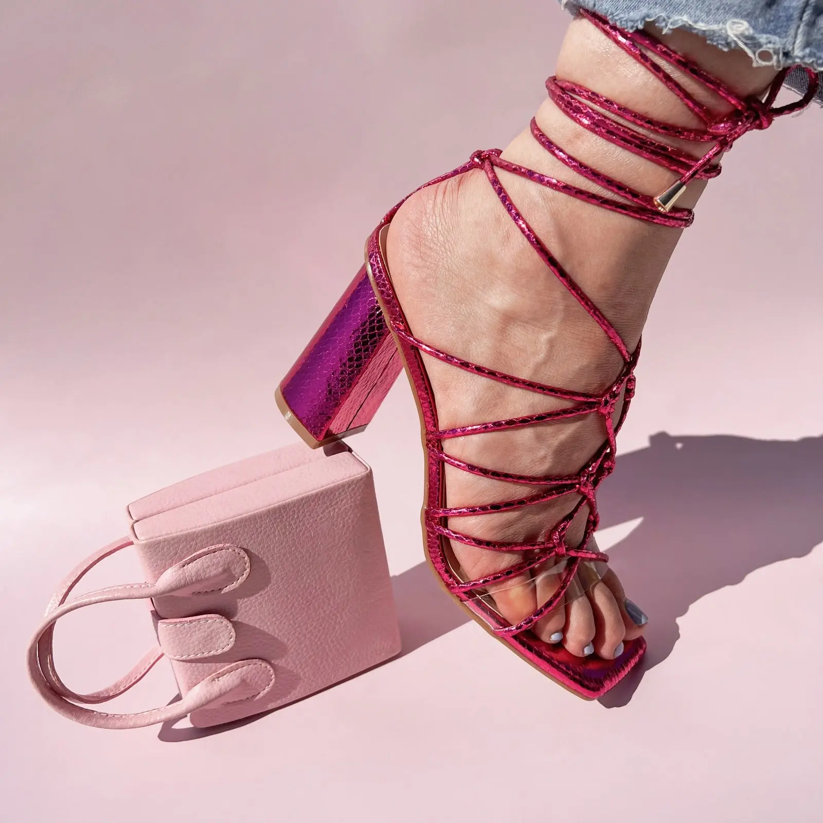 SELENA LACE UP BLOCK HEELS - PINK