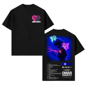 Oversized Graphic T-Shirt Omar Courtz Por Si Mañana No Estoy Album - Heart Design Front with Full Tracklist Neon Art Print on Back, Premium Soft Cotton Unisex Streetwear Tee Comfortable Casual Wear
