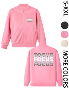 Women's American Street Style Hoodless Bomber Jacket with "FOCUS" Print, Lightweight Zip-Up Jacket, American Street Style Print Design, Suitable for All Seasons, Casual & Street Style