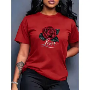 100% Cotton Women's Floral Short Sleeve Top Red Rose "Love" Print Round Neck Machine Washable Comfortable Soft Breathable Suitable for Spring Summer and Autumn Loose Casual Fashion Commuting Daily Simple Versatile