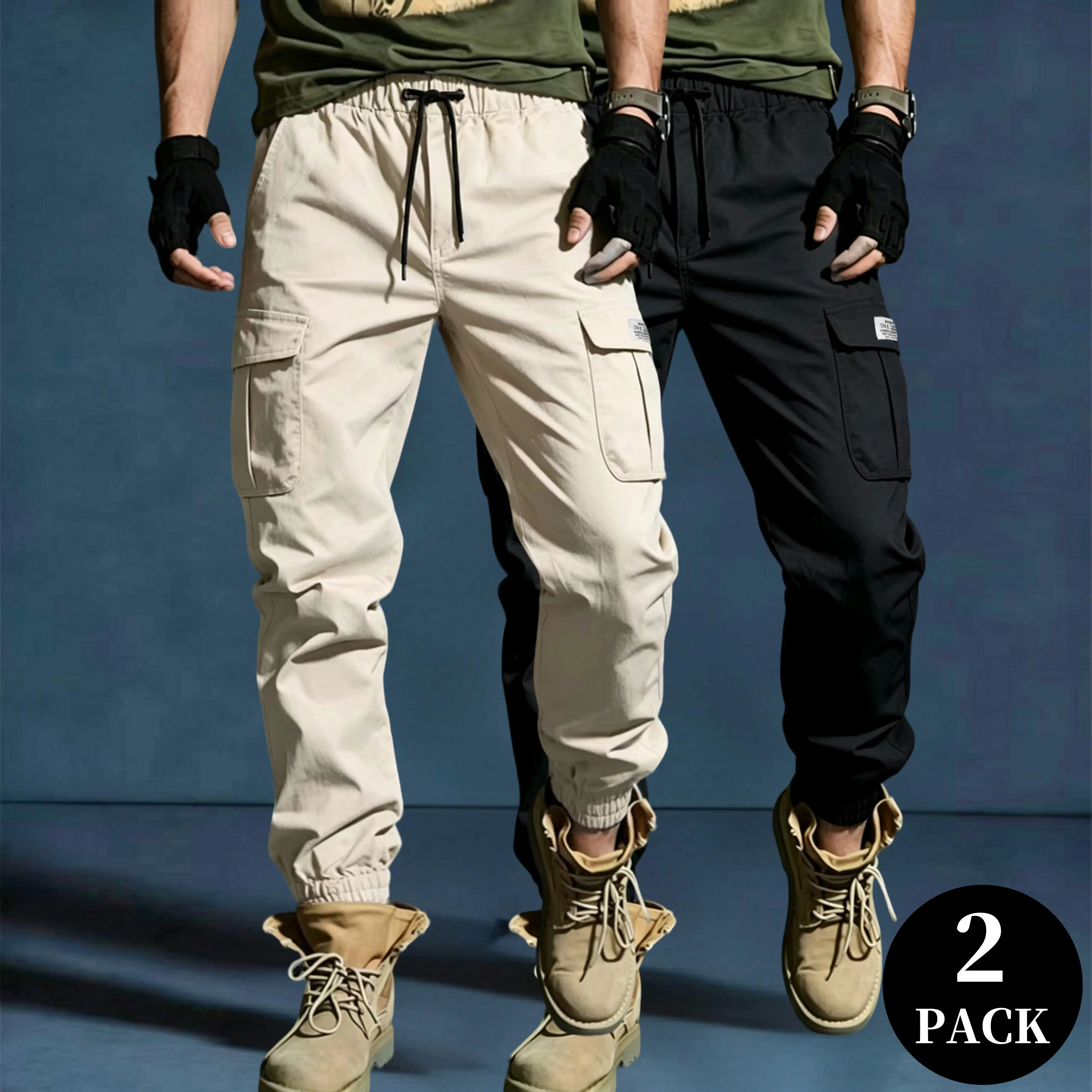 Men’s Stylish Casual Cargo Joggers (2-Pack) - Menswear Pants, Elastic Waist with Drawstring, Slim Fit, Tapered Leg, Multiple Pockets