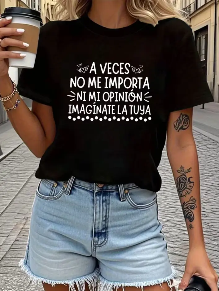 Women's Funny Spanish Phrase T-Shirt "Sometimes I Don't Even Care About My Own Opinion" - Sarcastic Spanish Quote Short Sleeve Crew Neck Blouse Top Suitable for Spring & Summer Casual Wear, Machine Washable Non- Tee