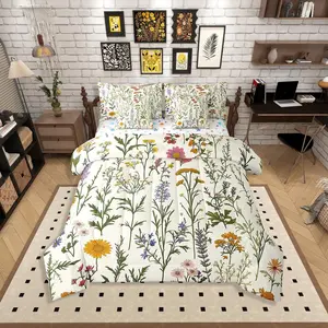 Wildflower Bedding Set,Botanical Floral Bed in A Bag,Watercolor Flower Leaves Comforter Set,with Sheets,Sage Green Leaves Decorative 7 Pieces Bed Set,Bedroom Decor