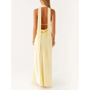 Women Long Dress Floral Print/Solid Color Sleeveless Halter Neck Backless Dress