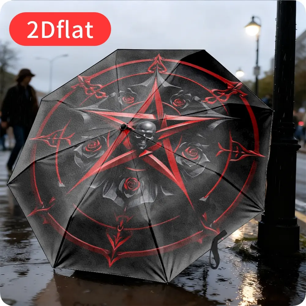 1 pcs Skull Rose Pentagonal Gothic Auto-Folding Umbrella: Outdoor Everyday Portable 8-Rib Design, Ideal Holiday Gift
