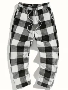 Unisex Plaid Fleece Print Drawstring Pants, Casual Daily Wear, Winter Warm Sleepwear, Christmas Gift, Long Pants
