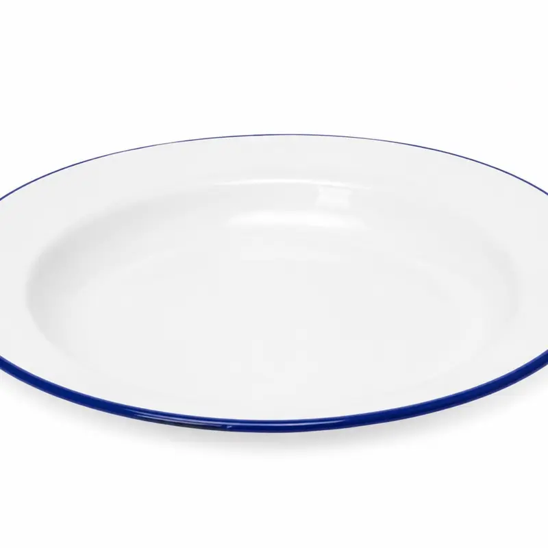 White Enamel Dinner Plate with a Blue Rim