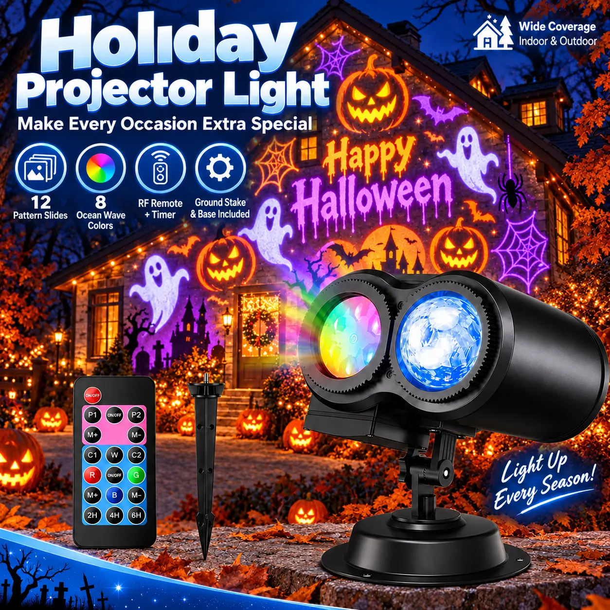 Christmas Projector Lights , 2-in-1 Holiday Light Projector with 12 Patterns & RGB Ocean Wave Effect, Remote Control Timer LED Garden Decoration Lights for Halloween Christmas Thanksgiving Party Decor