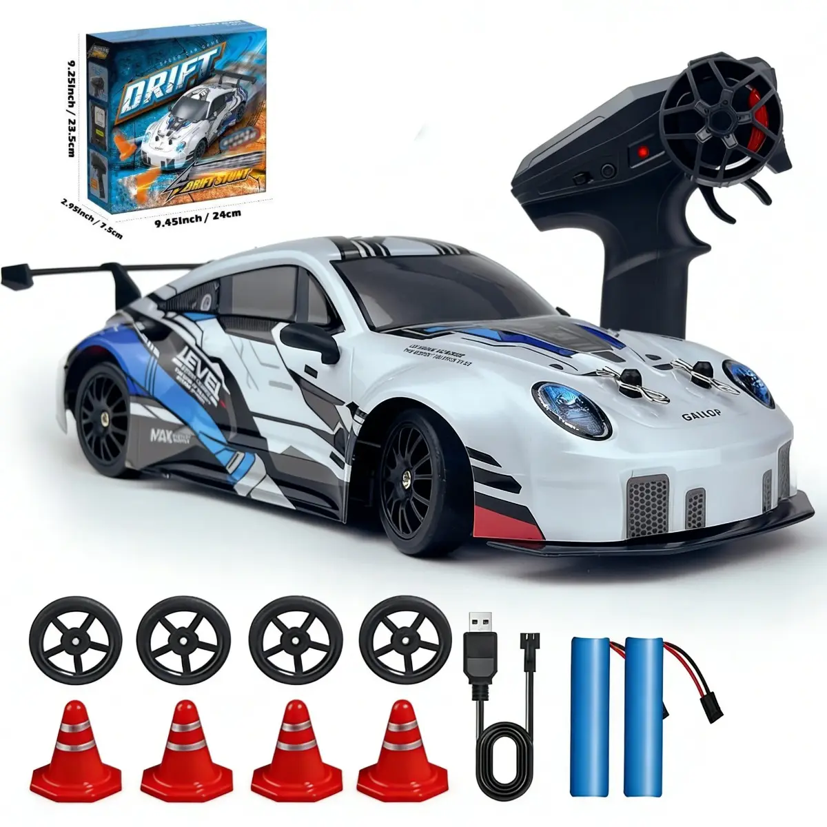 1:24 Scale Durable 2.4GHz 4WD RC Drift Car - Remote Control Car with LED Lights, 2 Batteries, Realistic Design, Indoor & Outdoor Toy for Ages 6+, Easter/Children’s Day Gift