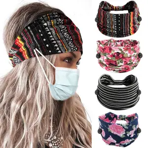 Leopard Button Headband Wide Elastic Nurse  Bands Workout Yoga  Hair Band Non Slip Turban Headwrap Mask Ear Saver Sweatband Boho Hair Accessories for Women and Girls 4 count (#5 Floral)