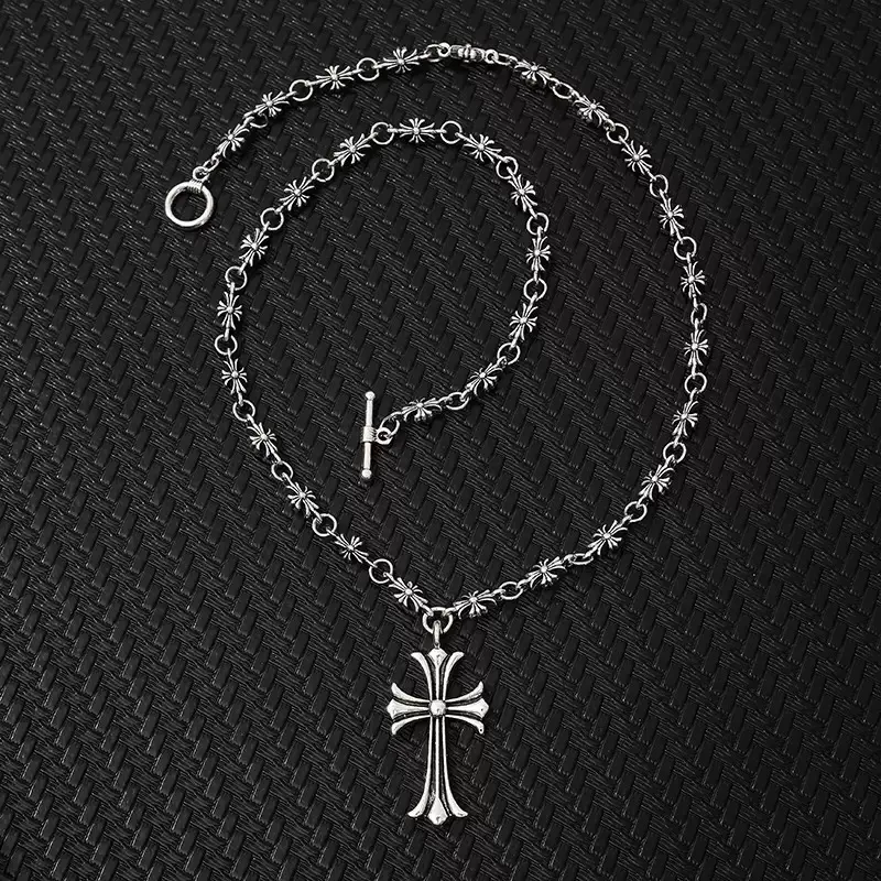 Elegant Silver Cross Pendant Necklace, Gothic Flower Chain Choker Necklace, Y2K Jewelry