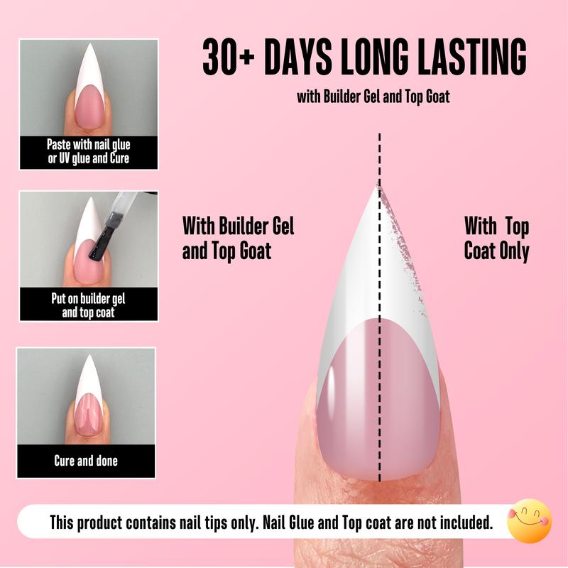 NOVO OVO White French Tip Sharp Stiletto Pointed Medium Long Nail Tips Press on Berry Pink,Soft Gel Fake Acrylic Extension, Full Cover False Nails for Salon DIY x 16 Sizes 160 pcs【NO GLUE ,TOP COATAND LAMP INCLUDED】