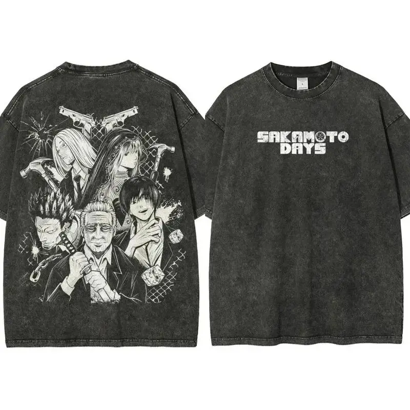 Vintage Acid Washed Heavy Cotton Oversized T-Shirt, Sakamoto Days Full Cast Double Side Graphic Tee, Japanese Hitman Manga Hip Hop Streetwear Top, Unisex Loose Casual Pump Cover Summer Shirt For Anime Manga Fans Y2K Alt Grunge Anime Merch Outfit