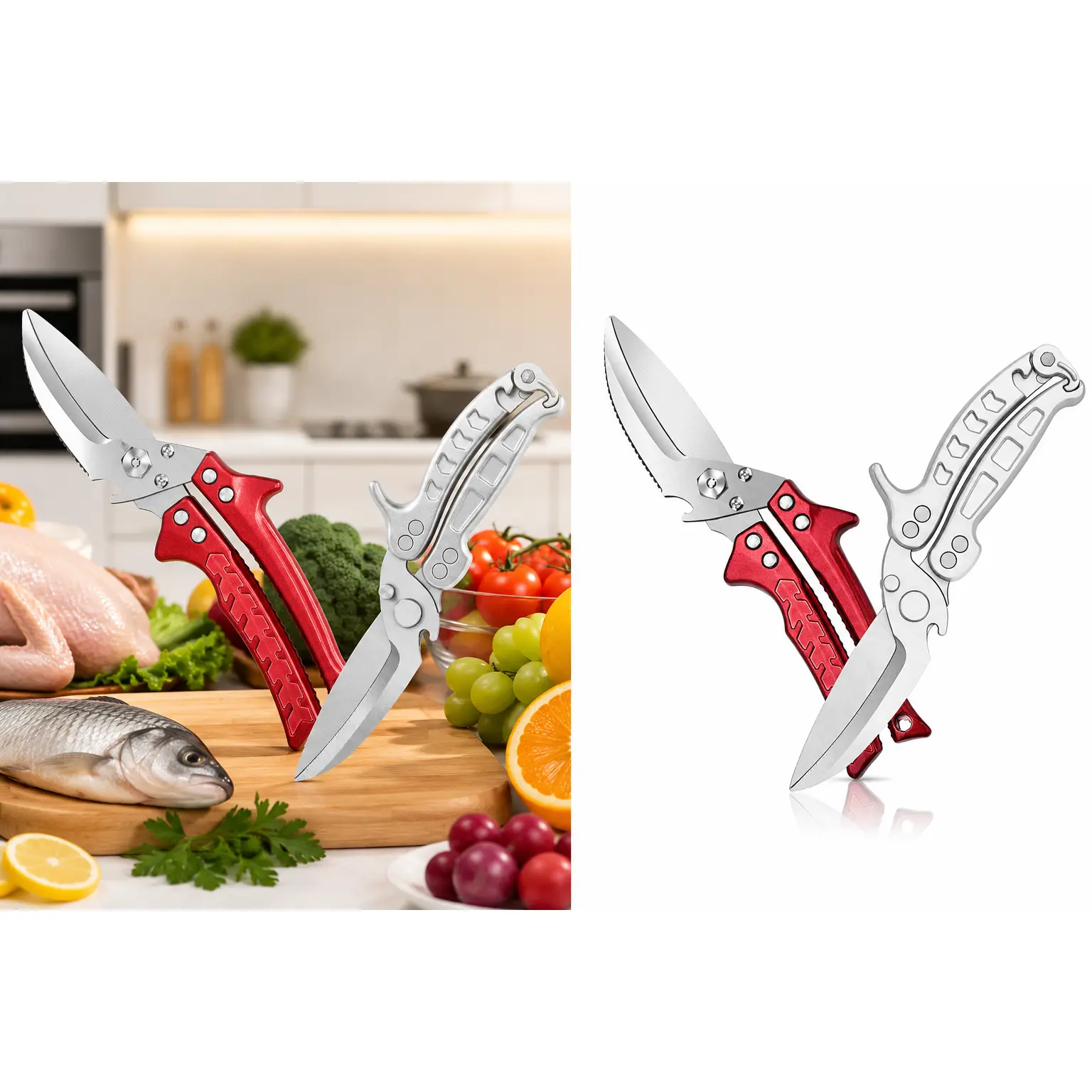 Thick Rustproof Stainless Steel Poultry Shears - Heavy-Duty Silver Detachable Kitchen Scissors, 2-in-1 Tool with Multi-Functional Vegetable Peeler for Chicken, Bone Prep, Ergonomic