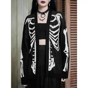 【Plus Size】 Halloween Skeleton Print Cardigan, Gothic Punk Casual Long Sleeve Open Front Knitwear for Fall & Winter, Women's Clothing for Daily Wear, Knitting Sweater Cardigan
