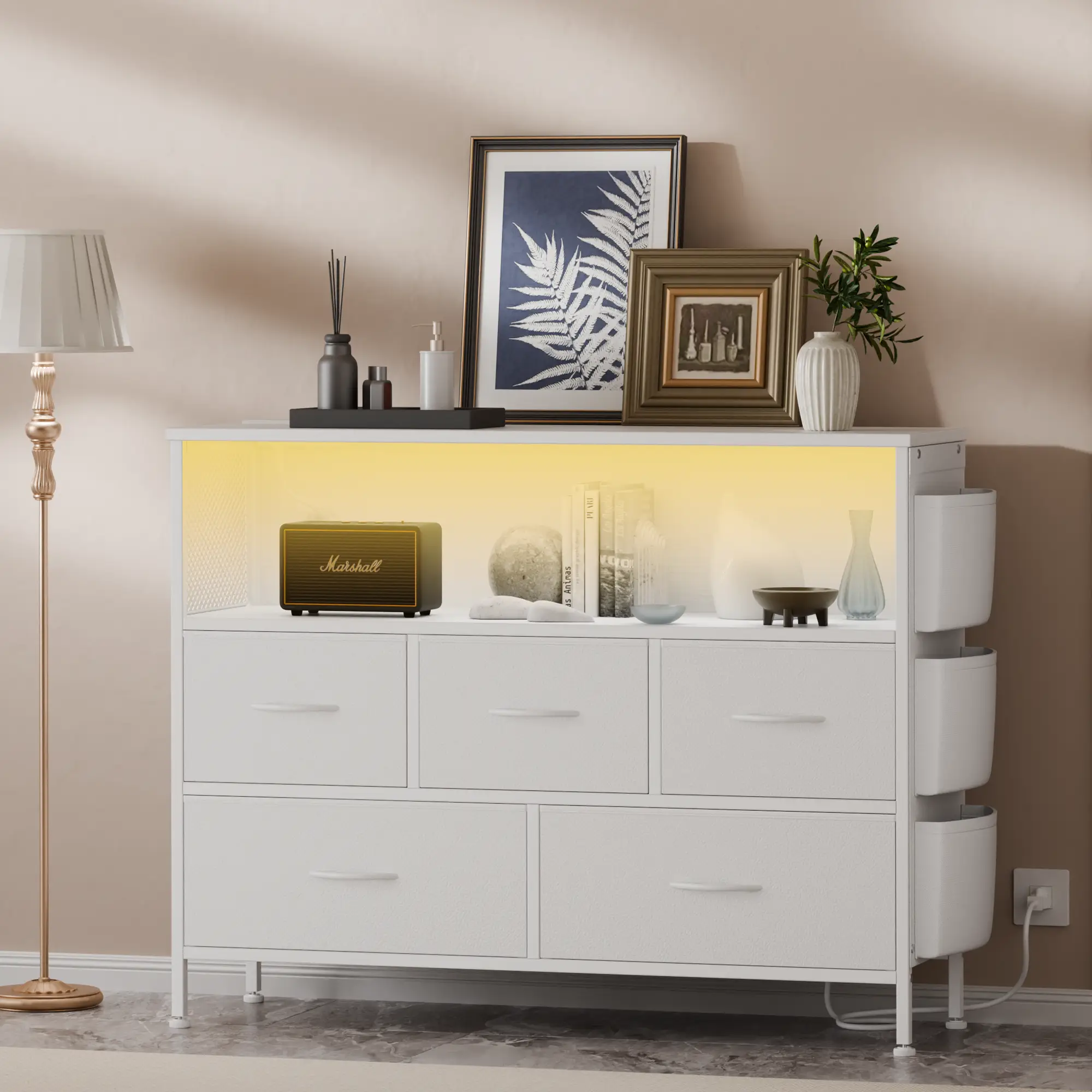 AOWOS Dresser TV Stand for 45" TV, Black Dresser with Power Outlets, TV Stands for Entertainment Center, LED Dressers for Bedroom Chest of 5 Drawers