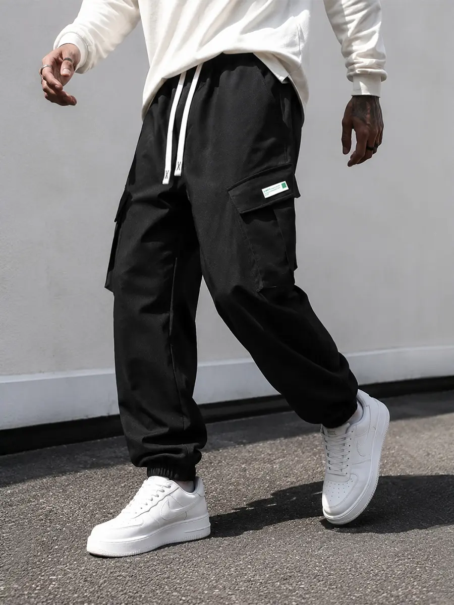 Men’s cargo jogger pants, tactical utility sweatpants, elastic drawstring waist, multiple pockets for hiking and casual streetwear, black