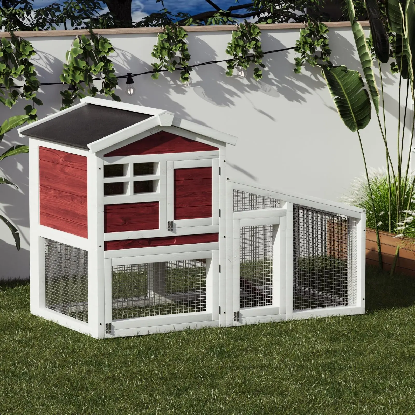 54" Rufous White Rabbit Hutch, 2-Tier Wooden Bunny Cage with Non-Slip Ramp & Removable Tray, Indoor/Outdoor Bunny Cage with Weatherproof Asphalt Roof for Rabbits, Guinea Pigs, Chickens