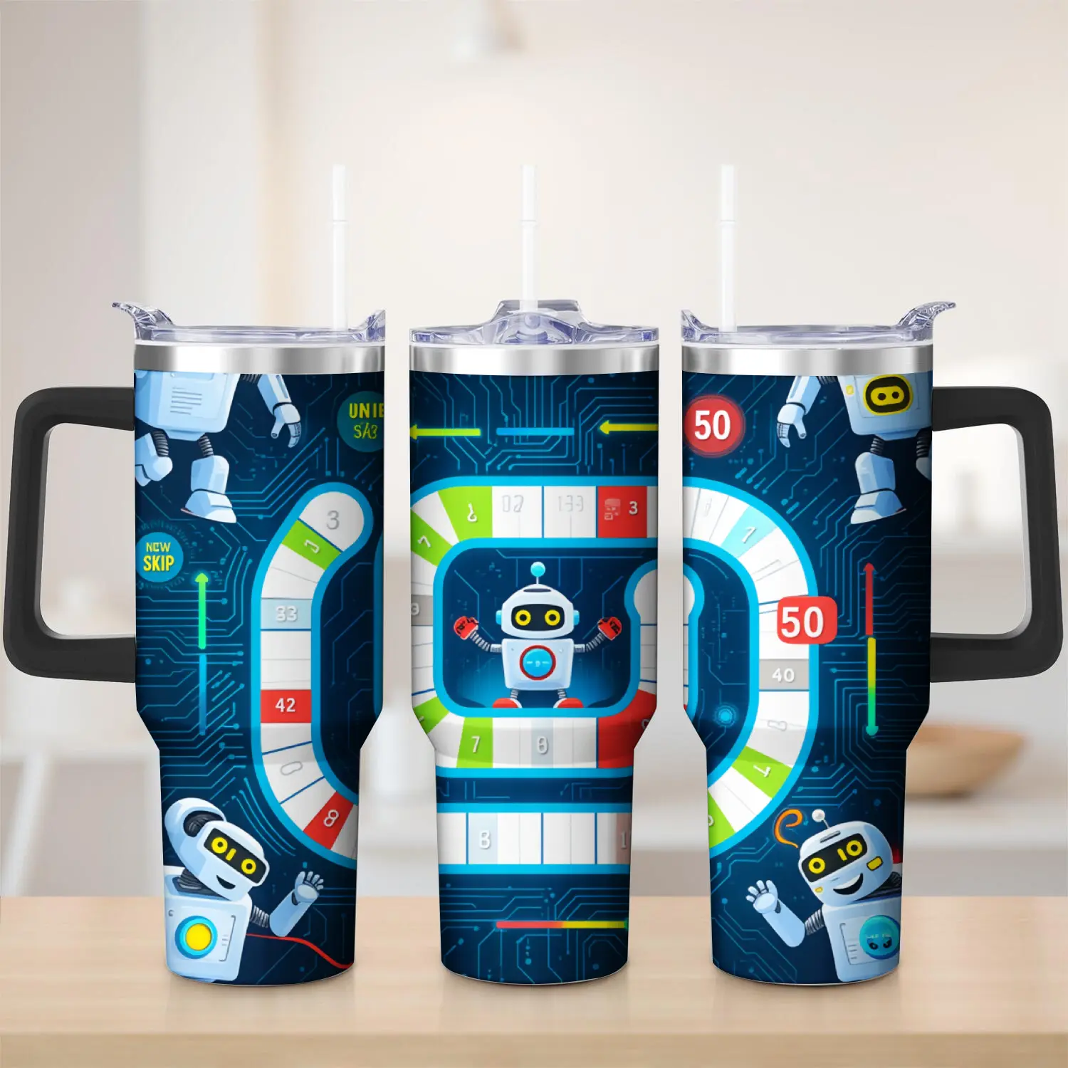 Double Wall Vacuum Tumbler Blue Circuit Board Design with Robot and Numbers 50 Outdoor Adventure Travel Mug for Hiking Camping and Nature Lovers