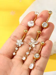 Women's Belly Button Rings Set, Stainless Steel Navel Piercing Jewelry, Cz Butterfly Flower Water Drop Design, Casual All Season Wear