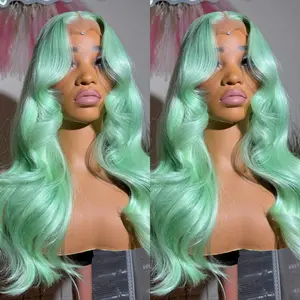 28 Inch Teal Color Long Body Wave Lace Frontal Wig Heat Resistant Fiber Hair 13*4 HD Transparent Lace Frontal Wig Pre Plucked Hairline Glueless Mint Green  Long Loose Curly Wig for Women Mint Green Wave Wig for Daily Use, Party 180 Density