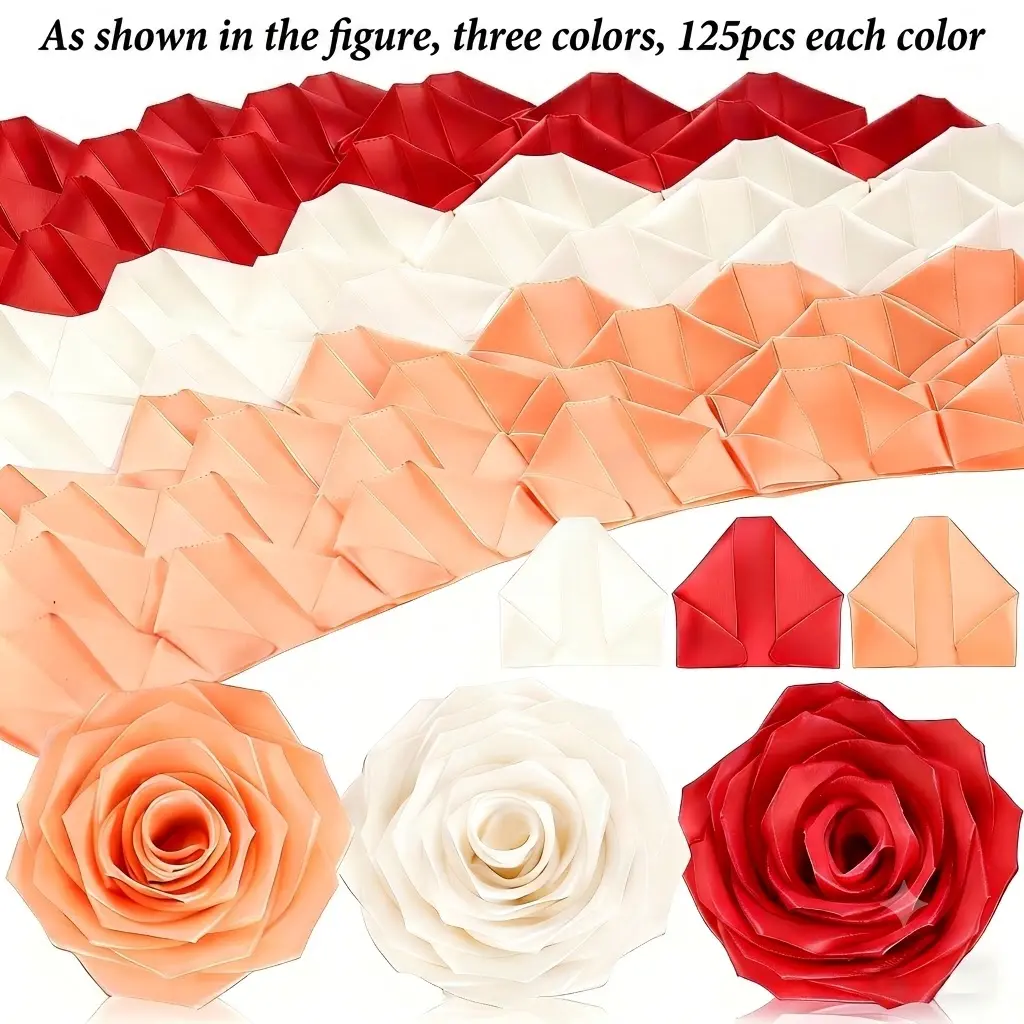375pcs 3-Color Mixed Decoration Artificial Flowers Ribbon Rose Petals, High-Density Silk Pre-Made Handicraft , Floral Decor for Wedding, Valentine's Day DIY Eternal Rose Arrangements & Party Supplies