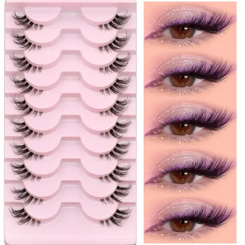 GROINNEYA 10 Pairs Soft Fluffy Eyelashes, Universal Lashes, Feline Lash Look, Lightweight Natural Look Separated False Eyelashes, Fake Lashes Furry Wispy Half Eye Lashes C Curl Spiky Clear Band Faux Mink Eyelashes For Perfect Makeup