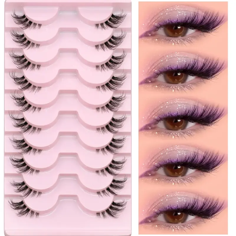 GROINNEYA 10 Pairs Soft Fluffy Eyelashes, Universal Lashes, Feline Lash Look, Lightweight Natural Look Separated False Eyelashes, Fake Lashes Furry Wispy Half Eye Lashes C Curl Spiky Clear Band Faux Mink Eyelashes For Perfect Makeup