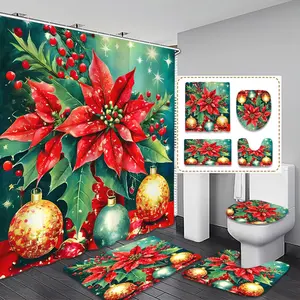 Christmas Theme Bathroom Curtain Set, Includes Toilet Lid, Bath Mat, Shower Curtain, 12 Plastic Hooks, Modern Home Decor, Christmas Gift