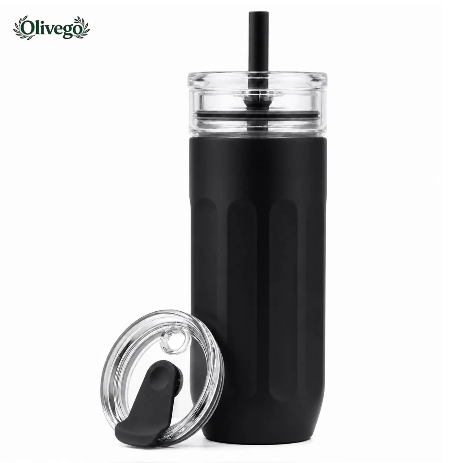 【Olivego】18oz 2-in-1 Stainless Steel & Borosilicate Glass Tumbler Flasks with 2 Lids,8+ Hours Temperature Retention Removable Inner Glass Cup, Insulated Travel Mug for Coffee, Office & Travel