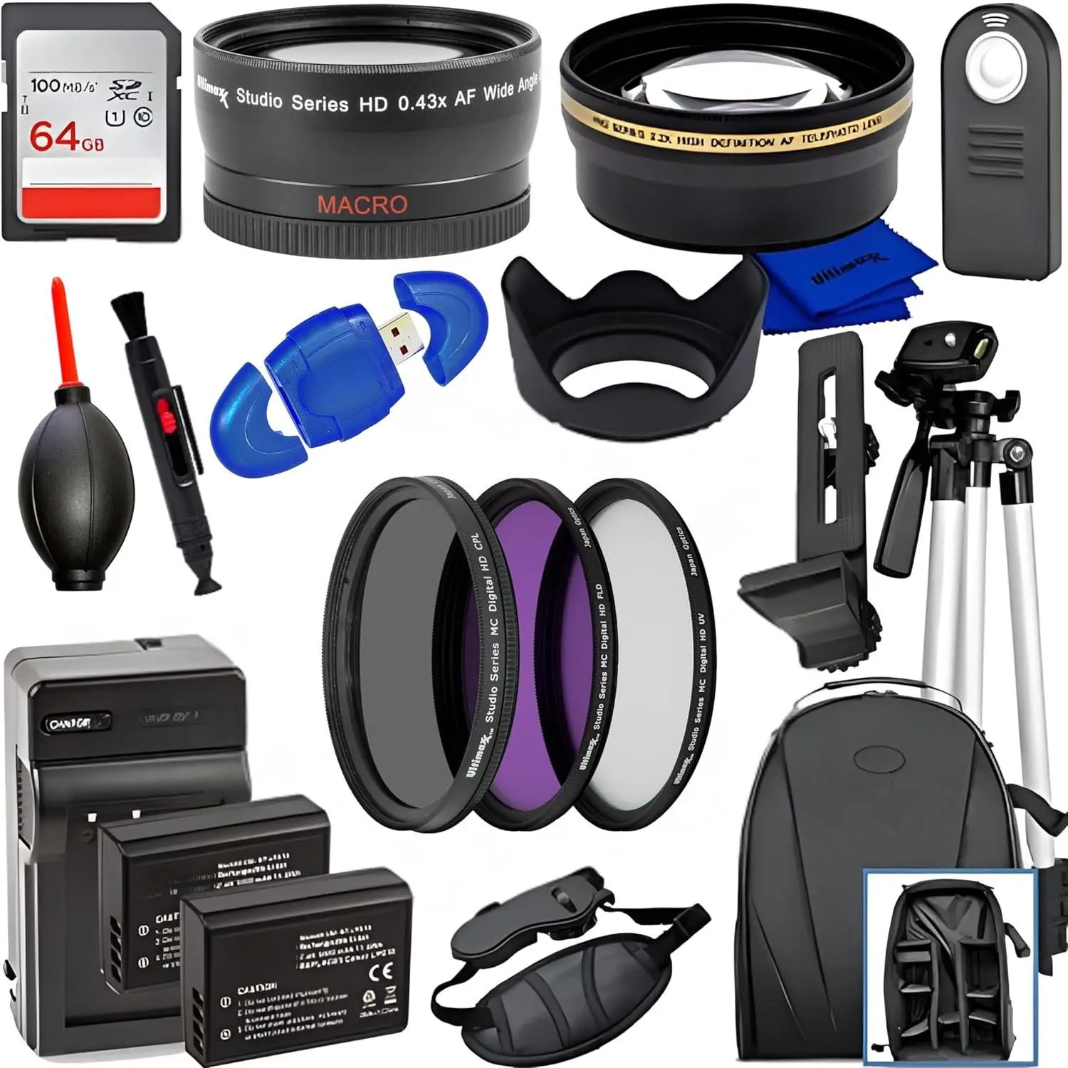 58MM Digital Camera Accessories Kit for Canon T7-T100, 4000D-1100D - Modern Water Resistant Camera Backpack, 2 LP-E10 Synthetic Batteries, Filter Kits, Microfiber Towel, Memory Card, Memory Card Reader, Lens