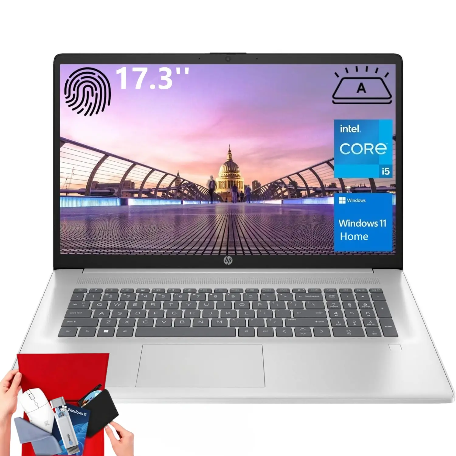 HP Essential Business Laptop, 17.3" FHD Display, Intel Core i5-1334U, up to 32GB RAM, 512GB SSD, Wi-Fi 6, Webcam, Backlit Keyboard, Windows 11 Home, Silver, Bundle Accessory
