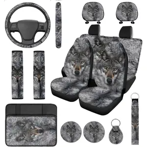 Wolf Car Seat Covers 14 Pcs with Steering Wheel Cover,Car Armrest Cushion,Seat Belt Covers Cup Holder with Keychain,Grey Animal Automotive Protector Set Universal Fit Cars SUV Hatchback