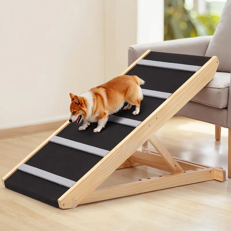 Foldable Solid Wooden Pet Ramp with Side Handle, Height Adjust 15.2"-23" Customizable Height, 23" Long Extra Large & Wide Design, No Assembly, Easy Clean, Rubber Cover, Under Bed Fit, 200lbs Capacity, Portable for Couch/Car, for Old Dogs